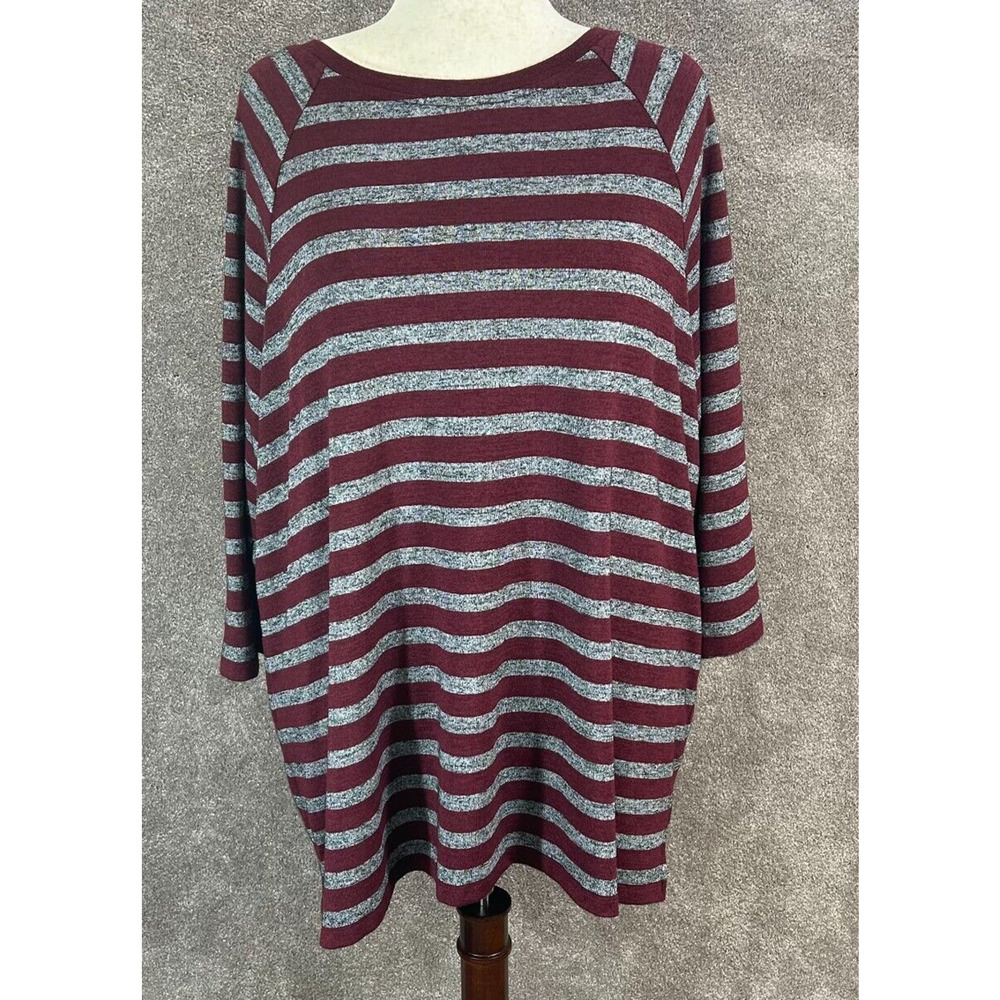 CJ Banks Top Womens 3X Burgundy Red Gray Stripe Rayon Blend Flowy Tunic Blouse